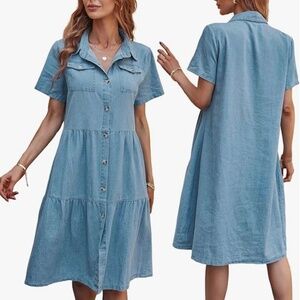 New Women’s Faded Blue Denim Babydoll Dress Button Closure Relaxed Pockets Large